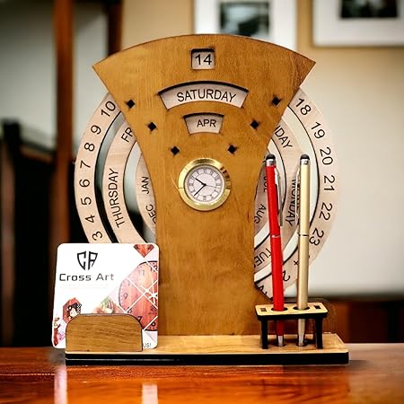 Premium Wooden Calendar with Desk Organizer & Clock